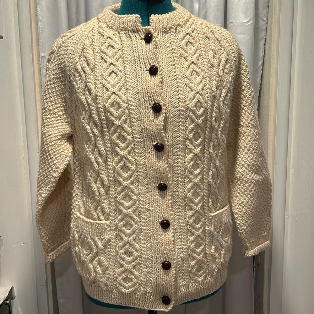 Ivory 100% wool, Irish cardigan sweater. No tags.